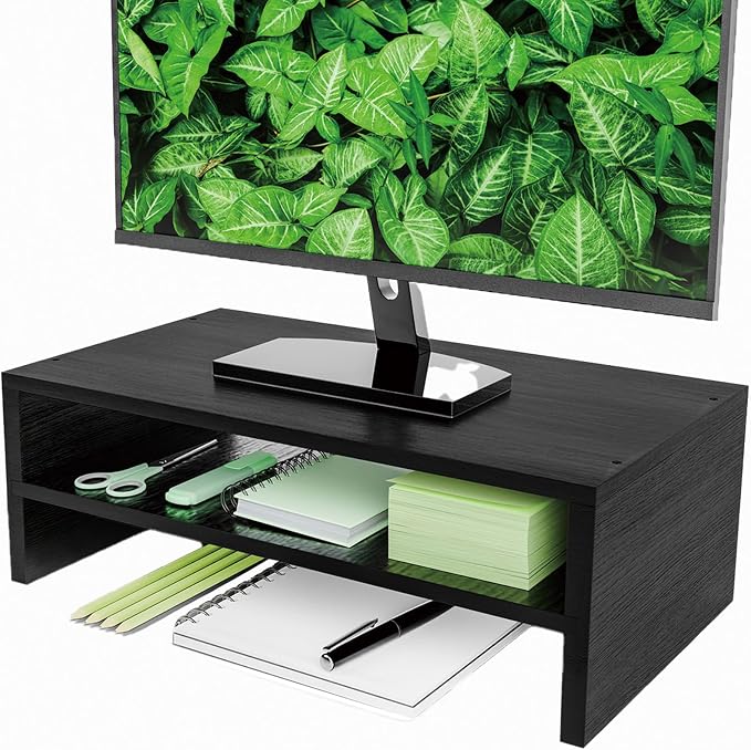 Simple Trending 2-Tier Monitor Stand Riser, Desk Storage Organizer, Black | Wood Desktop Stand for PC/TV, Laptop & Printer Stand, Premium MDF Material, Anti-Slip Pads, Waterproof, 16"W x 9"D x 5.5"H by SimpleTrending