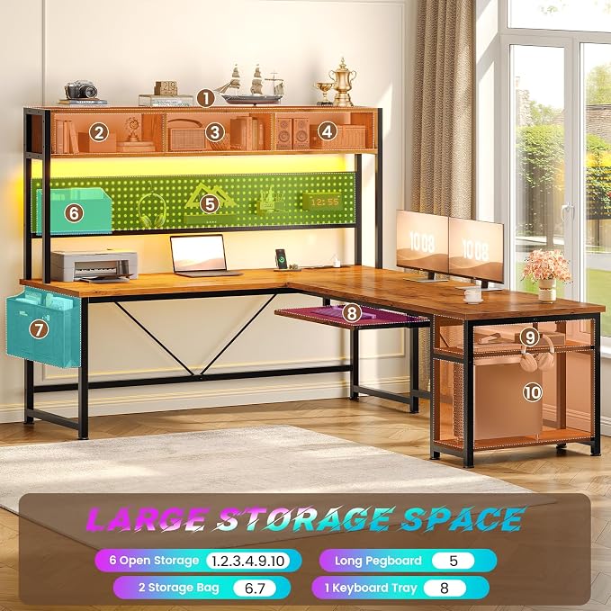 SEDETA L Shaped Computer Desk, Reversible Corner Desk with Power Outlet | Gaming Desk with Pegboard, Led Lights, Keyboard Tray, Headphone Hook and Storage Shelves, Rustic Brown - Image 6