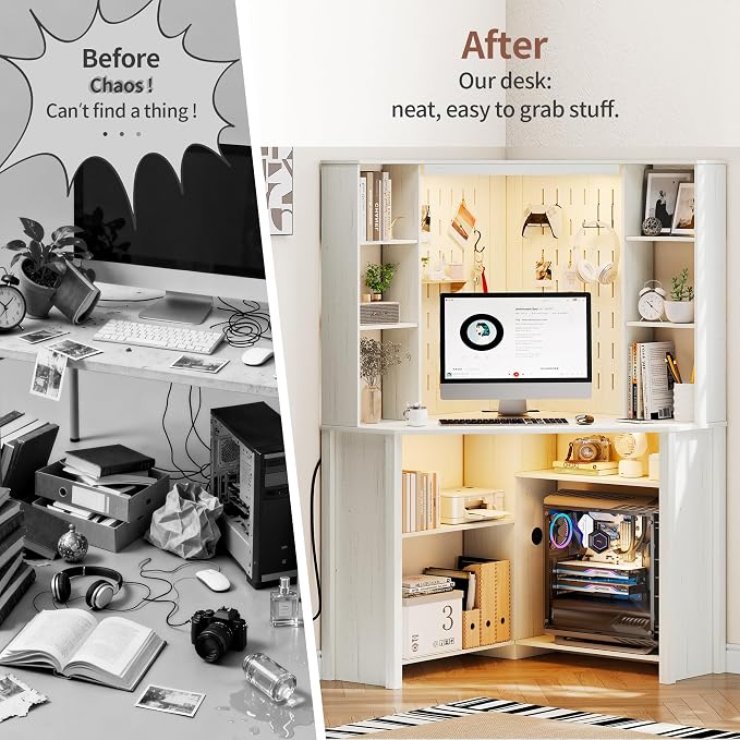 HNEBC Home Office Desk with Power Outlet & Chariging Station,L-Shaped Corner Desk with Pull-Out LED Lights,Computer Desk with Hutch & 10 Shelves,Pegboards for Work & Study,White - Image 6