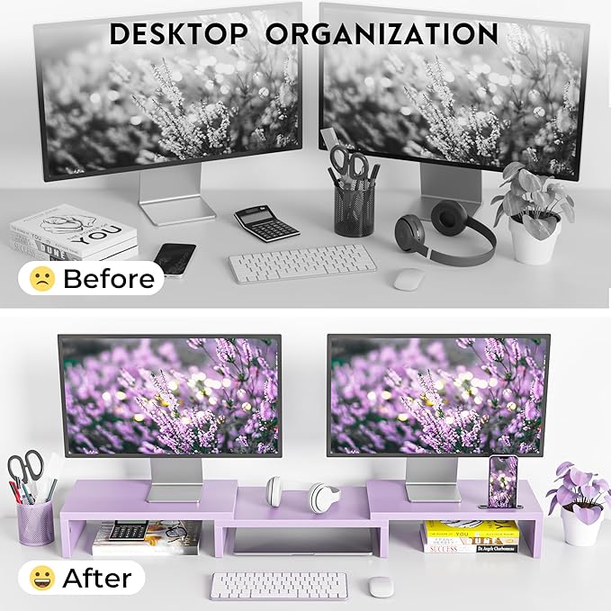 BONTEC Dual Monitor Stand Riser, Adjustable Length & Swivel Angle, Purple | Ergonomic Wooden Desktop Organizer with Smartphone Holder, Computer Monitor Stand for PC, Laptop,Printer and Large Storage - Image 4