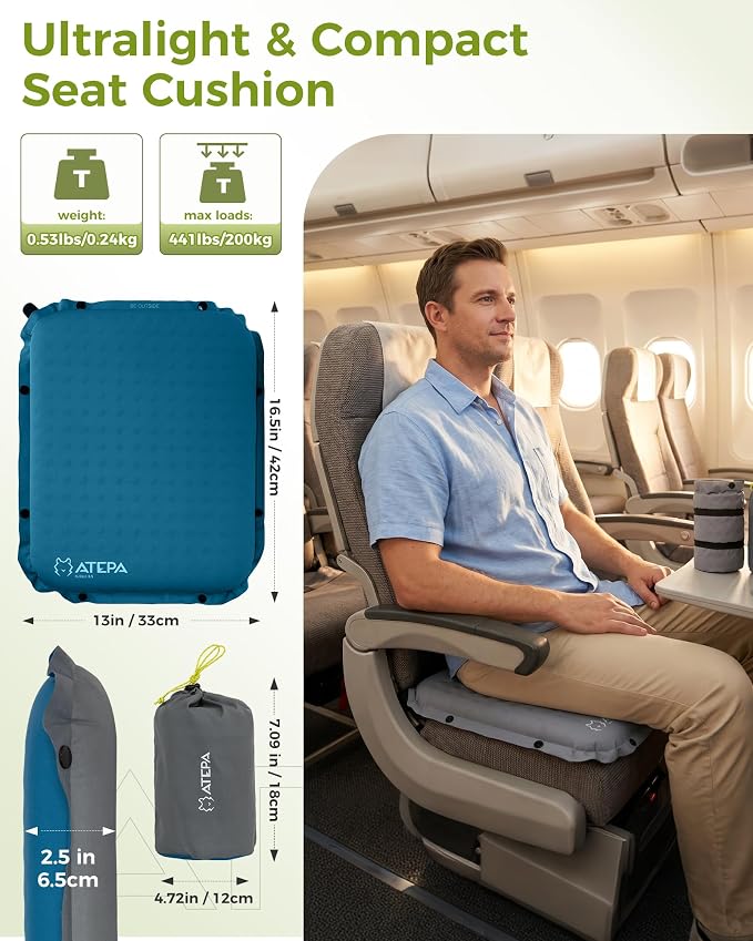 ATEPA Inflatable Seat Cushion | 2" & 2.5" Foam Core Seat Pad, Compact, Stadium, Airplane, Travel, Camping, Hiking, Sports Events, Self Inflating - Image 2
