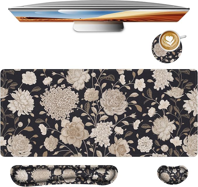 Floral Large Mouse Pad with Wrist Support Set of 4,Large Gaming Mouse Pad+Keyboard Rest+Mouse Wrist Rest+Coaster,Ergonomic Mouse mat,Anti-Slip,Memory Foam Desk Mat for Home Office Gaming (Rose) by jinaply