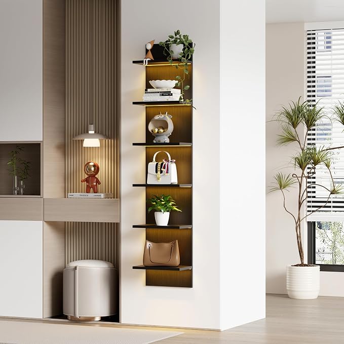 Qupui 6-Tier Wall Shelf with LED Remote, 57" Floating Storage, Black - Image 4