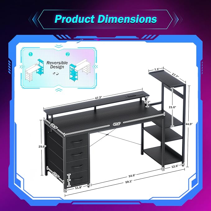 59 Inch Gaming Desk with Drawers & PC Tower Stand & LED Lights, Black - Image 3