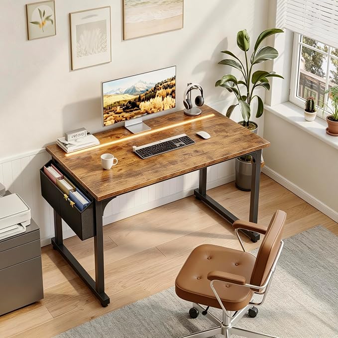 DurayLoly 40" Computer Desk with Waterproof LED Lights for Bedroom,Brown - Image 2