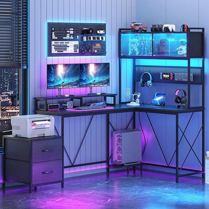 kepptory L Shaped Gaming Desk with 2 Drawers and Hutch, Home Office Computer Desk with Computer Stand and Pegboard, Corner Desk with Printer Desktop&Power Outlet, Black - Image 9