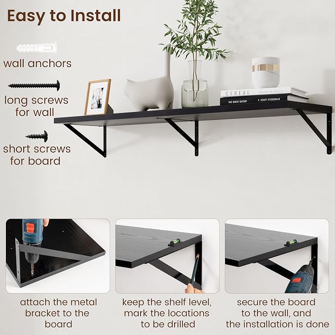 Axeman Floating Shelves for Wall Black- 48 Inch Wide x 12 Inch Deep Wall Shelves Set of 2 - Black Deep Wood Floating Shelves for Living Room Bedroom Laundry Room - Image 6