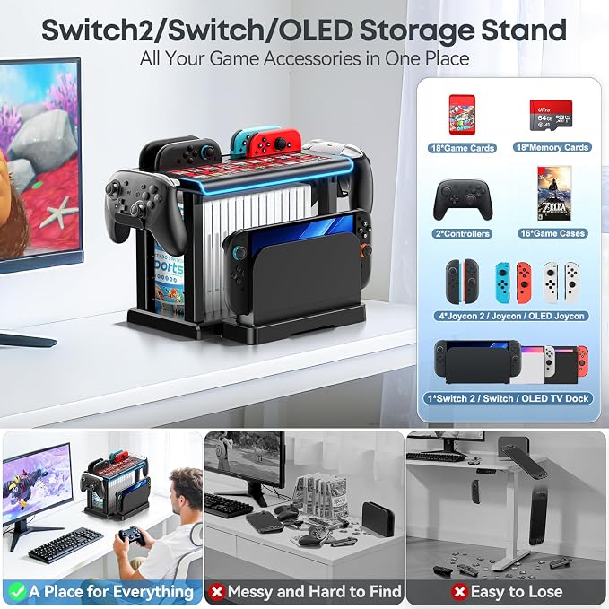 Switch 2/1/OLED RGB Organizer Station with Controller Charging Dock, Switch Storage Stand, Joycon 1/2 Charger, Gaming Accessories Holds TV Dock, 16 Game Cases, 18 Game Cards, and 2 Pro Controllers - Image 5