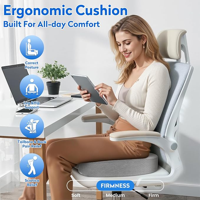 CushZone Memory Foam Seat Cushion for Office Chair & Car, Light Gray | U-shaped Coccyx Cutout, Contoured Design, Breathable Removable Mesh Cover, Non-Slip Base, Carry Handle - Image 6