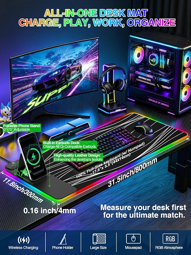 RGB Mouse Pad with Foldable Phone Stand Wireless Charger, 31.5"x11.8" XL Gaming Mousepad Large Desk Mat, Desk Pad with 11 Colors 5 Modes, Waterproof - Image 2