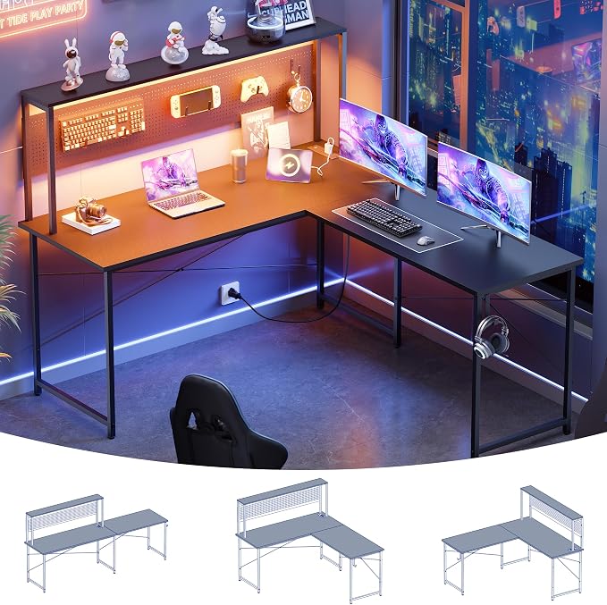 Pamray 60 Inch L Shaped Gaming Desk with Shelves and Storage | With Pegboard LED Lights Power Outlets, Reversible, Suitable for Home Office Bedroom Living Room Dorms Apartments - Image 2