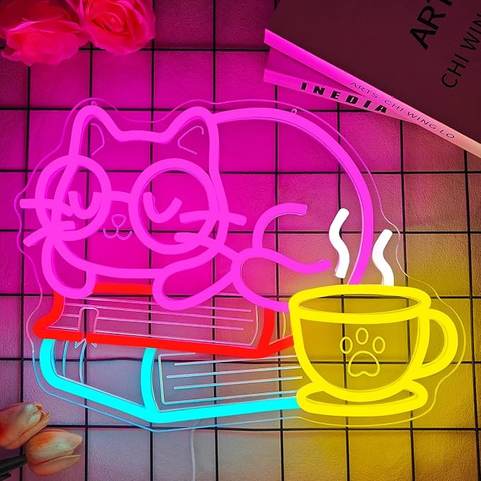 Cat Reading Neon Sign Kawaii Kitten with Glasses On Books with Coffee Neon Lights Dimmable Light Up Sign for Classroom Library Reading Corner Led Wall Art - Image 4