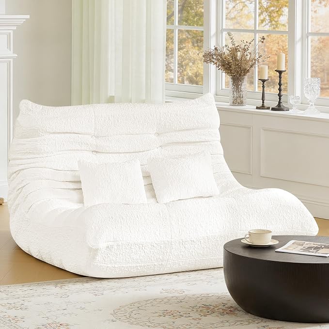 Bean Bag Chair for Adults - Large Bean Bag with Two Pillows, Oversized Boneless Chair with High-Rebound Memory Foam, Lazy Floor Sofa for Reading, Gaming, Living Room, Bedroom (Loveseat, White) by ZOOVEE