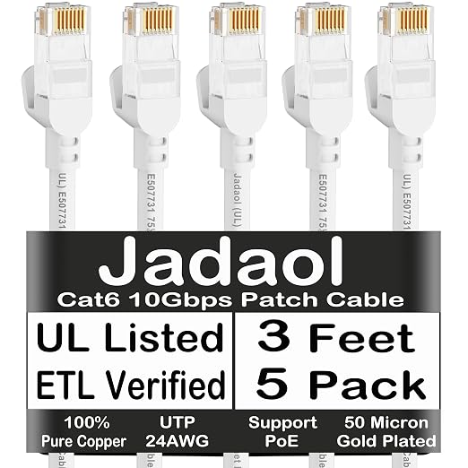 Jadaol [UL Listed Cat 6 Ethernet Cable 3ft 5Pack 10Gbps 24AWG PoE++, White by Jadaol