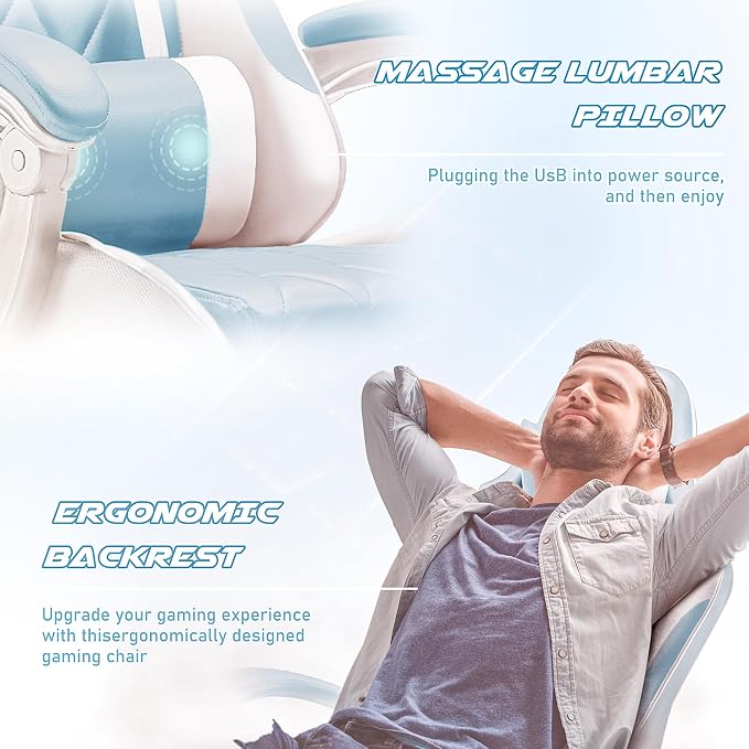 Homall Gaming Chair, Computer Chair with Footrest and Massage Lumbar Support, Ergonomic High Back Video Game Chair with Swivel Seat and Headrest (Light Blue) - Image 4