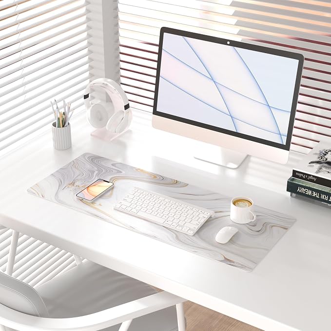 QiyI PU Leather Large Mouse Pad, 31.5" x 11.8", Gold Grey Striped | Desk Décor Accessories, Extended Size, Waterproof & Easy to Clean, Smooth Surface, Non Slip Desk Organization - Image 2