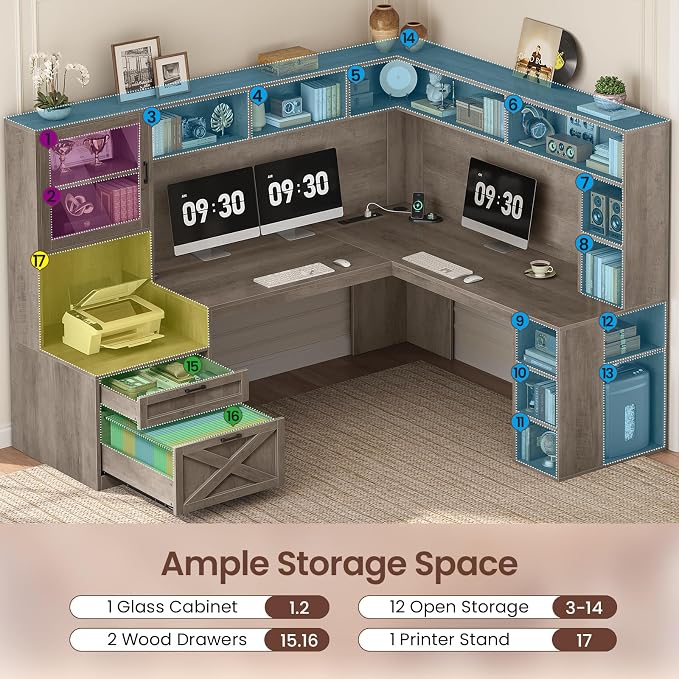 SEDETA 68" Farmhouse L Shaped Office Desk with Hutch, Storage Drawers - Image 3