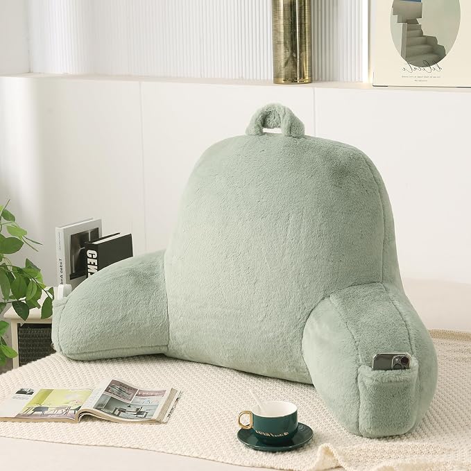 Large Plush Backrest Pillow for Sitting in Bed,Faux Fur,Green | 19" Back Pillow with Arms Supports Adults,College Students,Elbows & Forearms for Dorm Reading,Gaming,Watching TV by PAJEO