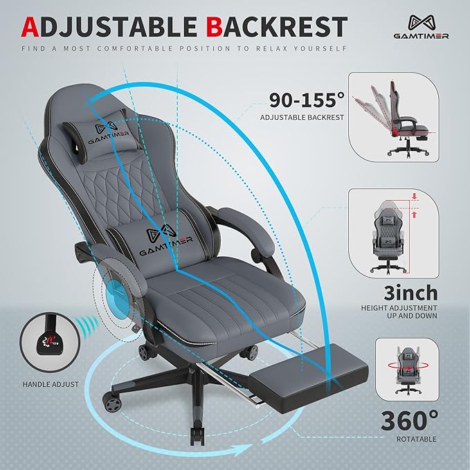 Gamtimer Gaming Chair with Footrest, Ergonomic Computer Chair, PU Breathable Material with Headrest and Lumbar Support, Suitable for Silla Gamer and Adults（Grey） - Image 6