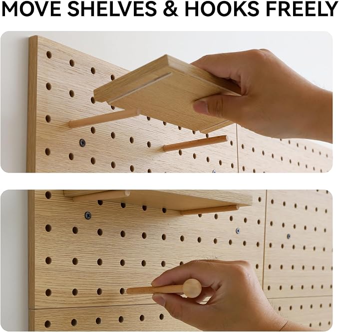 Wooden Pegboard Modular Display Organization Storage Wall Hooks Shelf (Oak Colored Finish-B-4) - Image 6