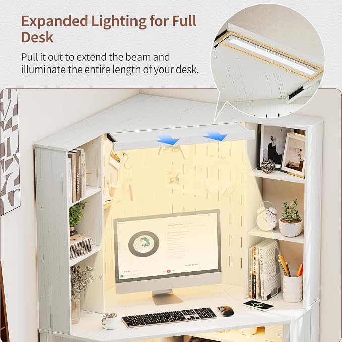 HNEBC Home Office Desk with Power Outlet & Chariging Station,L-Shaped Corner Desk with Pull-Out LED Lights,Computer Desk with Hutch & 10 Shelves,Pegboards for Work & Study,White - Image 4
