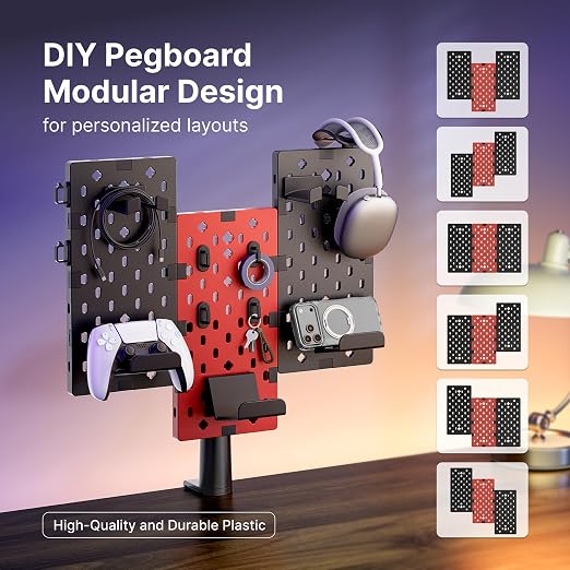 PEGZONE Modular Headphone and Controller Holder for Game, Clamp-on Pegboard, Rotatable Controller Stand with Cable Hooks, Gaming Accessory for Xbox PS5 PS4 Nintendo Switch, 3Pcs Pegboard, Red | Modular Desk Controller Stand with Cable Hooks - Image 2
