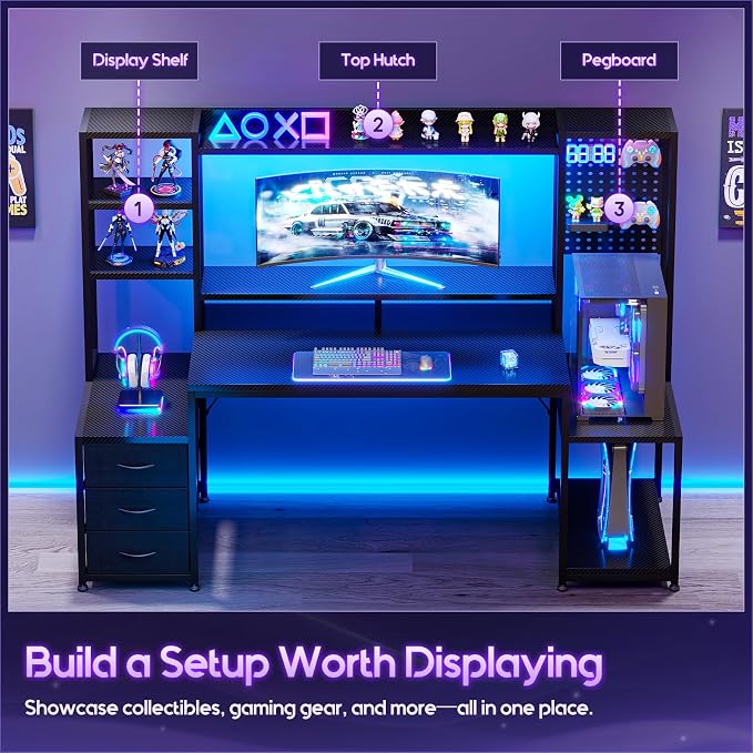 AODK 67 Inch Gaming Desk with Display Shelves, 3 Drawers, LED Lights, Hutch | Large Computer Desk with Pegboard & PC Shelf & Storage Shelves, Reversible Office Desk for Home, Carbon Fiber Black - Image 4