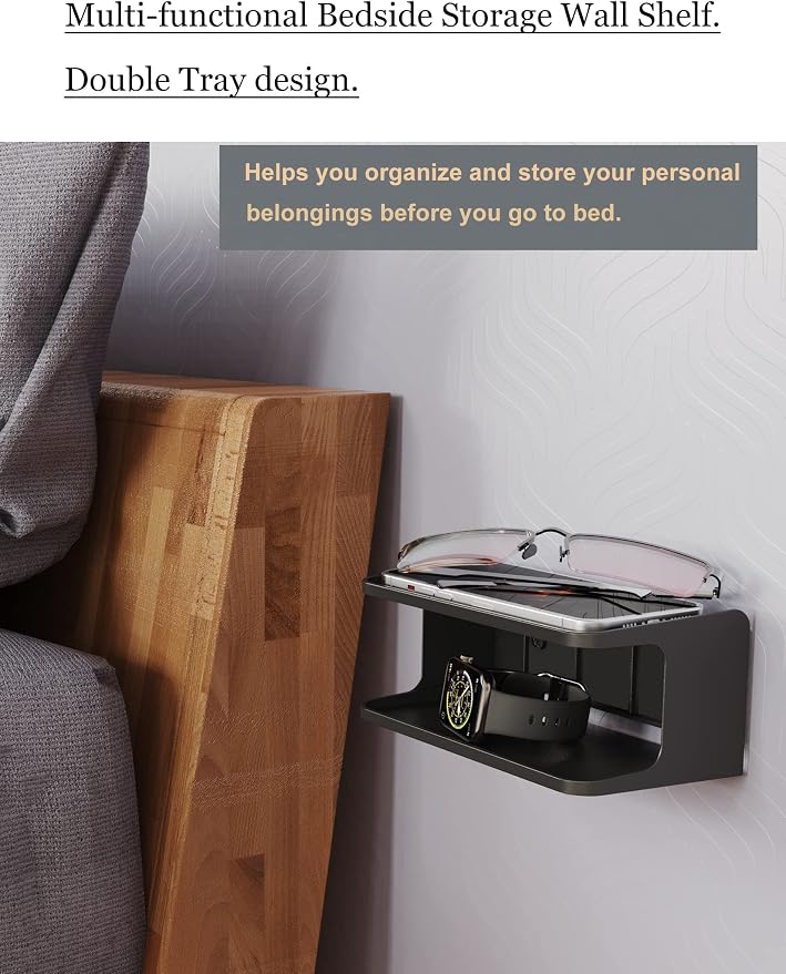 Bedside Wall Shelf Organizer, Small Bedside Shelf, (Black) - Image 2