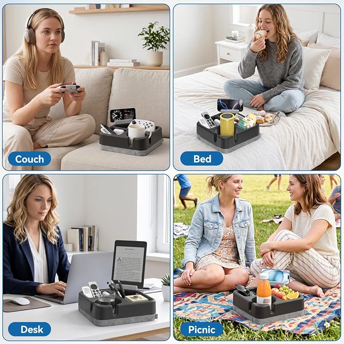 Couch Cup Holder Tray Couch Cup Holder Pillow Soft Sofa Caddy Drink Holder with 3 Compartments &Removable 360°Swivel Phone Stand, Portable Bed Snack Caddy Pillow with Handle for Tablet Controller Grey - Image 8