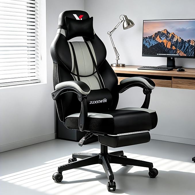 Big and Tall Gaming Chair,400lbs Heavy Duty Office Chair with Footrest, PU Leather High Back PC Desk Chair, Linkage Armrests & Reinforced Steel Frame,Grey - Image 2