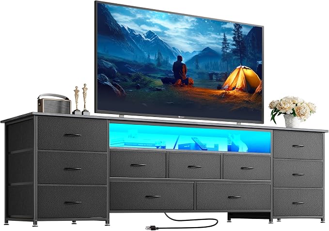 Huuger 70 Inch TV Stand for 75, 80 Inch TV, 11 Drawer Long Dresser with Power Outlets and LED Lights, Entertainment Center with Storage, Grey Dresser with PU Leather Surface by Huuger
