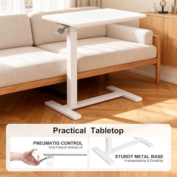 Overbed Table with Pneumatic Height Adjustment, Hidden Casters Rolling Bedside Table, Hospital Bed Table Mobile Laptop Standing Desk for Hospital Home Use, White - Image 5