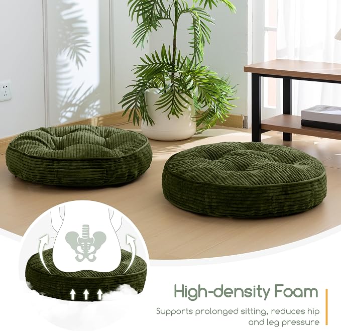 HIGOGOGO Floor Pillow Cushion for Adults, Meditation Cushion Pillow, Large Round Floor Sitting, Tufted Corduroy Cover, for Tatami Living Room or Yoga, 22x22 Inch, 2Pack, Dark Green - Image 6