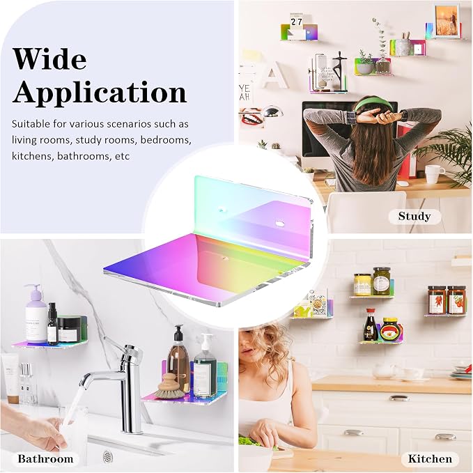 Sezanrpt 6 Inches Iridescent Acrylic Wall Shelves Set of 2, Wall Mounted Storage Display Shelves for Bedroom, Gaming Room, Living Room, Bathroom, Dining Room, Office, 2 Pack - Image 6