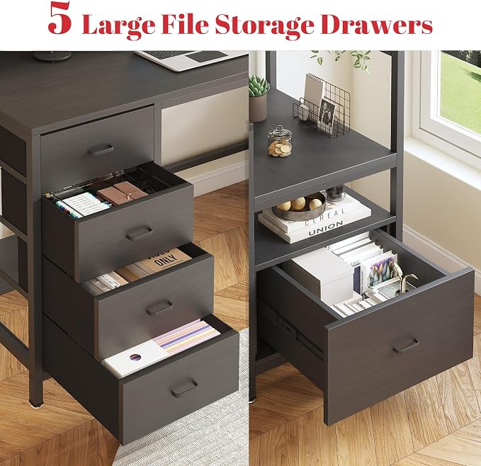 Gaming Desk with Storage Drawers, Computer Desk with Shelves & Charging Station, Corner Writing Table with Pegboard for Small Space, Home Office Desk, Black - Image 3
