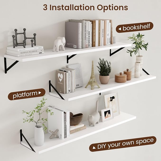 Axeman Floating Shelves for Wall White - 55 Inch Wide x 12 Inch Deep Wall Shelves Set of 2 - White Deep Wood Floating Shelves for Living Room Bedroom Laundry Room - Image 4