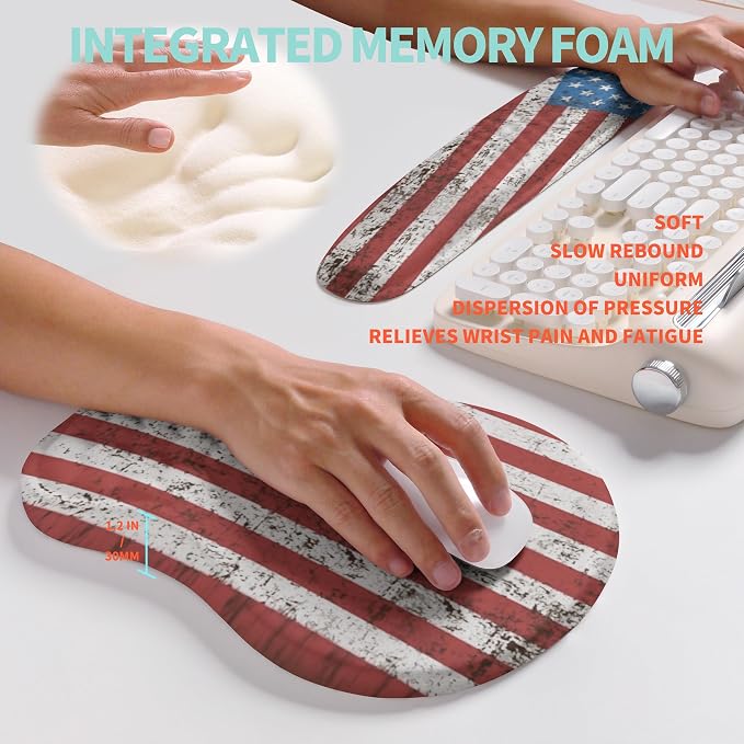 2-in-1 Ergonomic Set, Wave Rise Keyboard Wrist Rest and Massage Bulge Slope Mouse Pad Wrist Support, Cushion Memory Foam Integrated to Relieve Wrist Pain, American Flag - Image 4