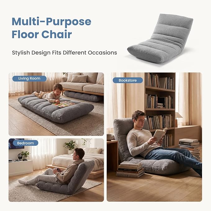 DUMOS Folding Floor Chair, 14-Position Adjustable Backrest Floor Seating | 5.9'' Thick Cushion Floor Seat with Teddy Velvet and Steel Frame for Adults, Kids, Reading, Meditation, Viedo Game, Grey - Image 7