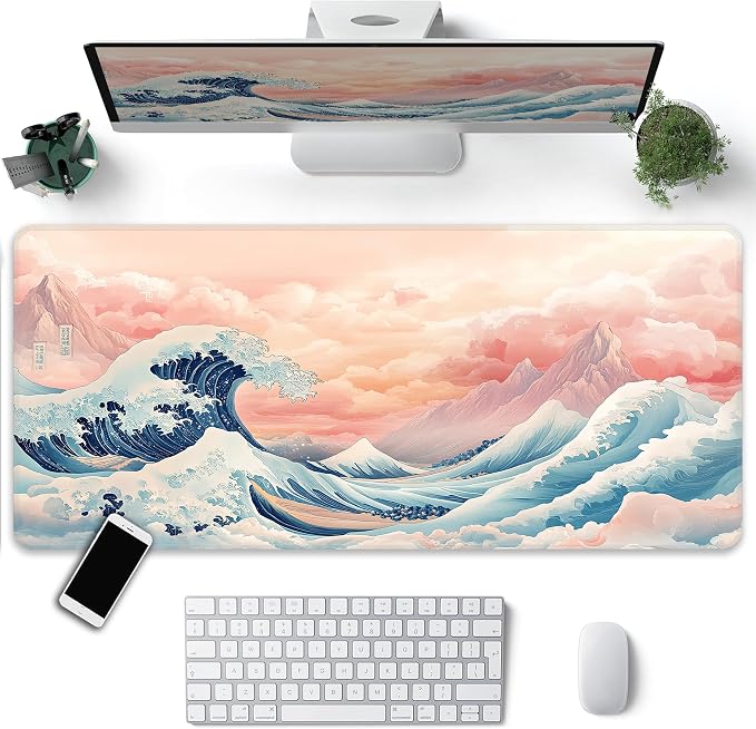 Japanese Sea Wave Desk Mat, XXL 35.4"x15.7" Large Mouse Pad, Pink Clouds Extended Gaming Mouse Mat,Non-Slip Rubber Base Waterproof with Stitched Edges for Gaming Office Home Decor - Image 2