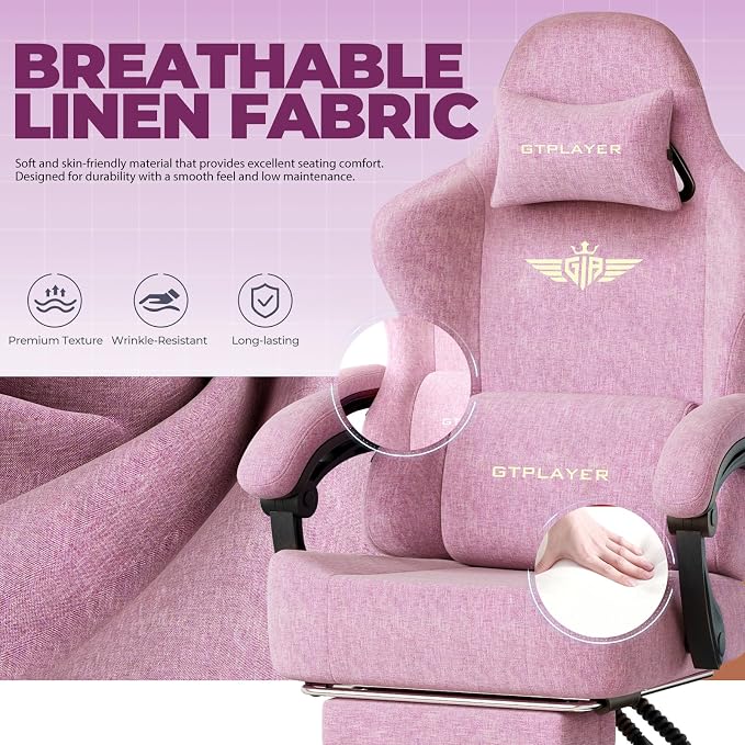 GTPLAYER Big and Tall Gaming Chair 400lbs Heavy Duty Office Chair with Foot Rest, High Back Pocket Spring Ergonomic Computer Chair for Adults, Wide Comfy Seated Cushion with Linkage Armrests, Pink - Image 4