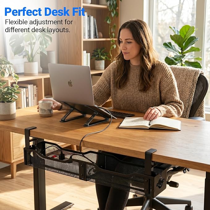 Cable Management Tray Under Desk - 25" No Drill Cord Management Under Desk with Clamp, Metal Desk Cable Organizer & Wire Management Tray for Standing Desk, Home Office Cord Organizer, Black - Image 4