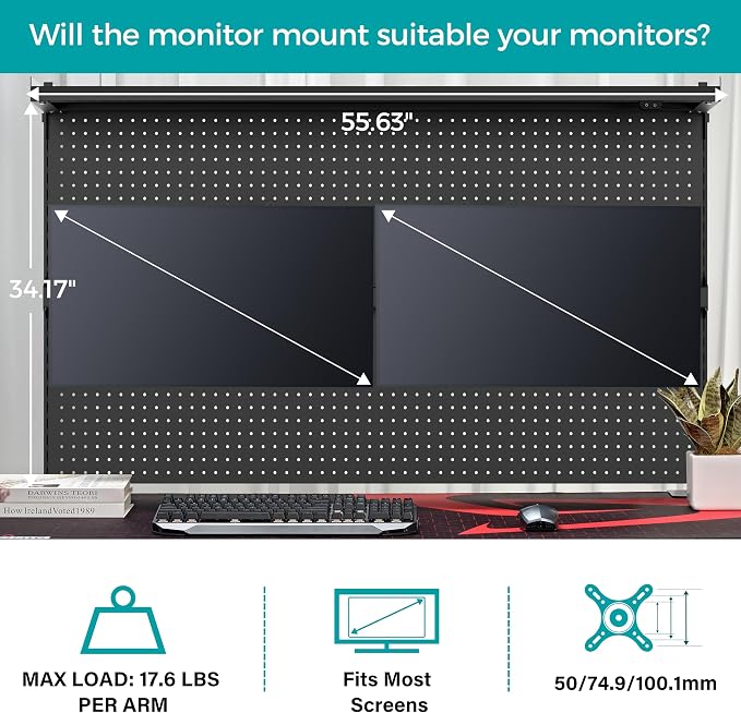 EUREKA ERGONOMIC Desk Pegboard Dual Monitor Stand 59x34 Black | Large steel pegboard with dual monitor stands, LED lighting, privacy panel and modular accessories for gaming desks - Image 9