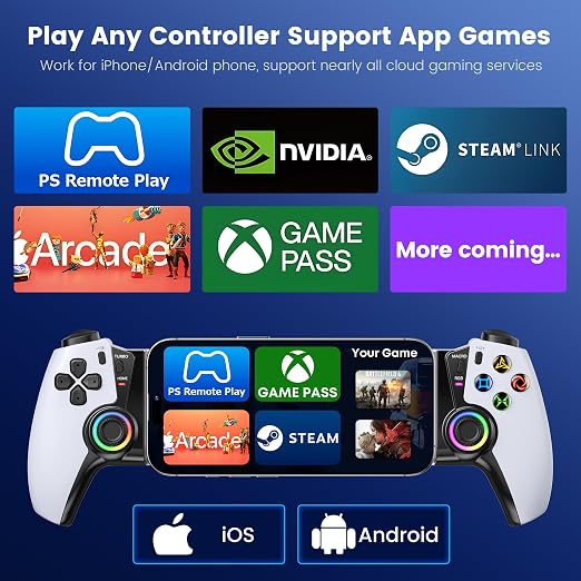 KICKDOT Mobile Gaming Controller for iPhone Android, Hall Effect Joysticks Bluetooth Telescopic Gamepad with RGB Lighting, Programmable Back Buttons for PS Remote Play Xbox Cloud Gaming Steam Deck iPad Mini - Image 3