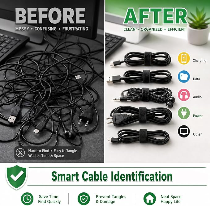 BALABALA 150PCS Cable Ties 8 Inch, Reusable Hook and Loop Straps for Cord Management, Fabric Fastening Straps with Strong Grip, Adjustable Cable Organizer for Home Office Electronics - Black - Image 6