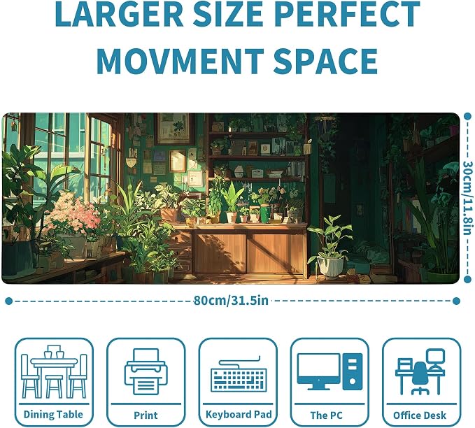 Green Plant Mouse Pad Desk Mat XL Extended Large Gaming Desk Pad Mousepad, Fresh Leaves Bookshelf Computer Laptop Keyboard and Mouse Mat, Desktop Protector Mat for Office and Home 31.5x11.8 in - Image 2