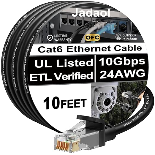 Jadaol [UL Listed Snagless Cat6 Ethernet Cable 10 ft 10Gbps, PoE++, Black by Jadaol
