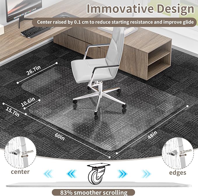 Office Chair Mat for Low Pile Carpet, 48"x60" Clear Smooth Glide with Lip | Non-Slip Studded Backing, Smooth Glide,Heavy-Duty Clear Plastic, Extended Lip –Carpet Protector for Office, Desk, Gaming - Image 2