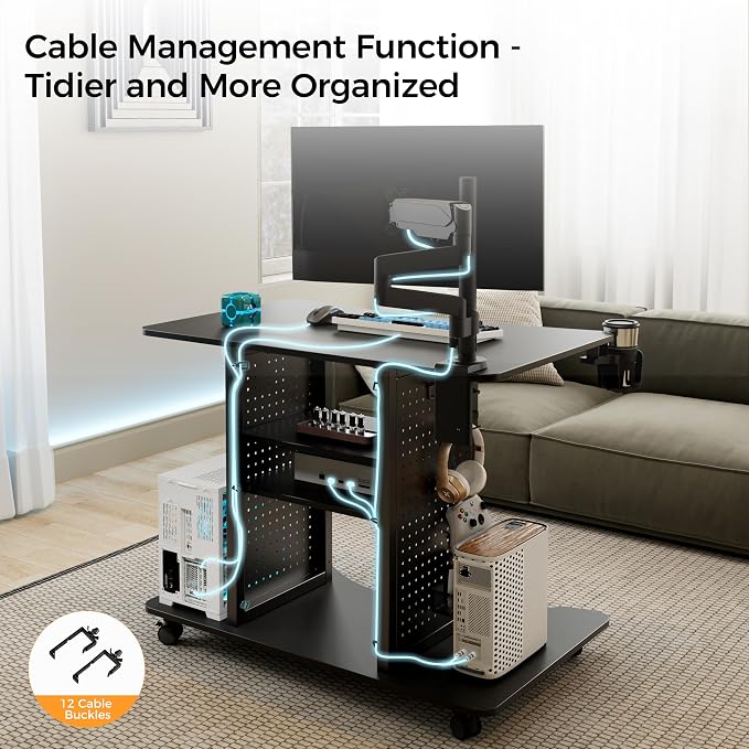 EUREKA ERGONOMIC Gaming Desk Computer, 37" Rolling Desk on Wheels for Small Space, Mobile Computer Cart with Pegboards Adjustable Shelves for Gaming PS Switch Home Office - Black - Image 5