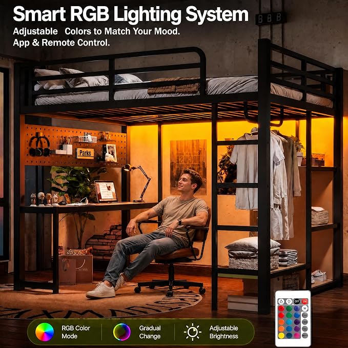 Bellemave Full Size Gaming Loft Bed with Desk, Peg Board, RGB Lights & USB Ports, Metal Full Loft Bed Frame with Storage Shelves & Hanging Rod for Teens Adults, Black - Image 4