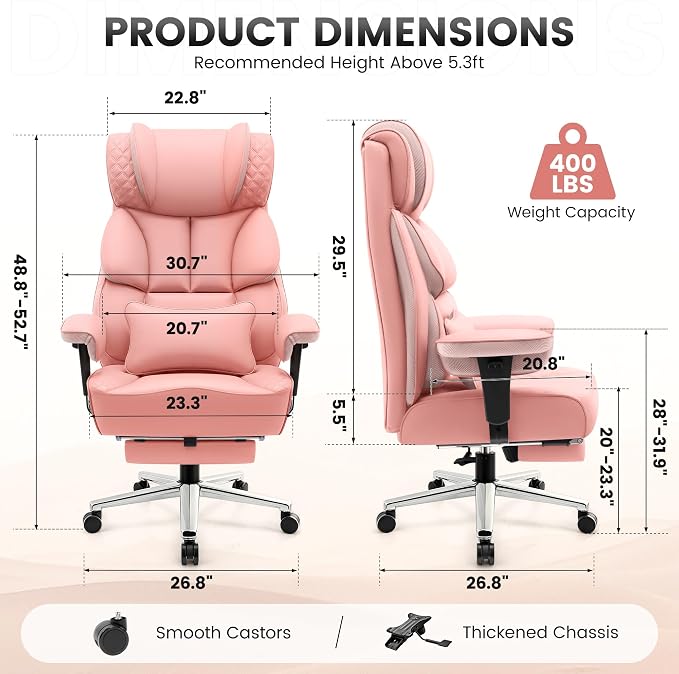 BestGlory Office Desk Chair, Big and Tall Leather Gaming Chair with Footrest, Ergonomic Comfy Executive High-Back Reclining Computer Chairs, Wide Swivel Rolling Wheels and Padded Lumbar Support, Pink - Image 2